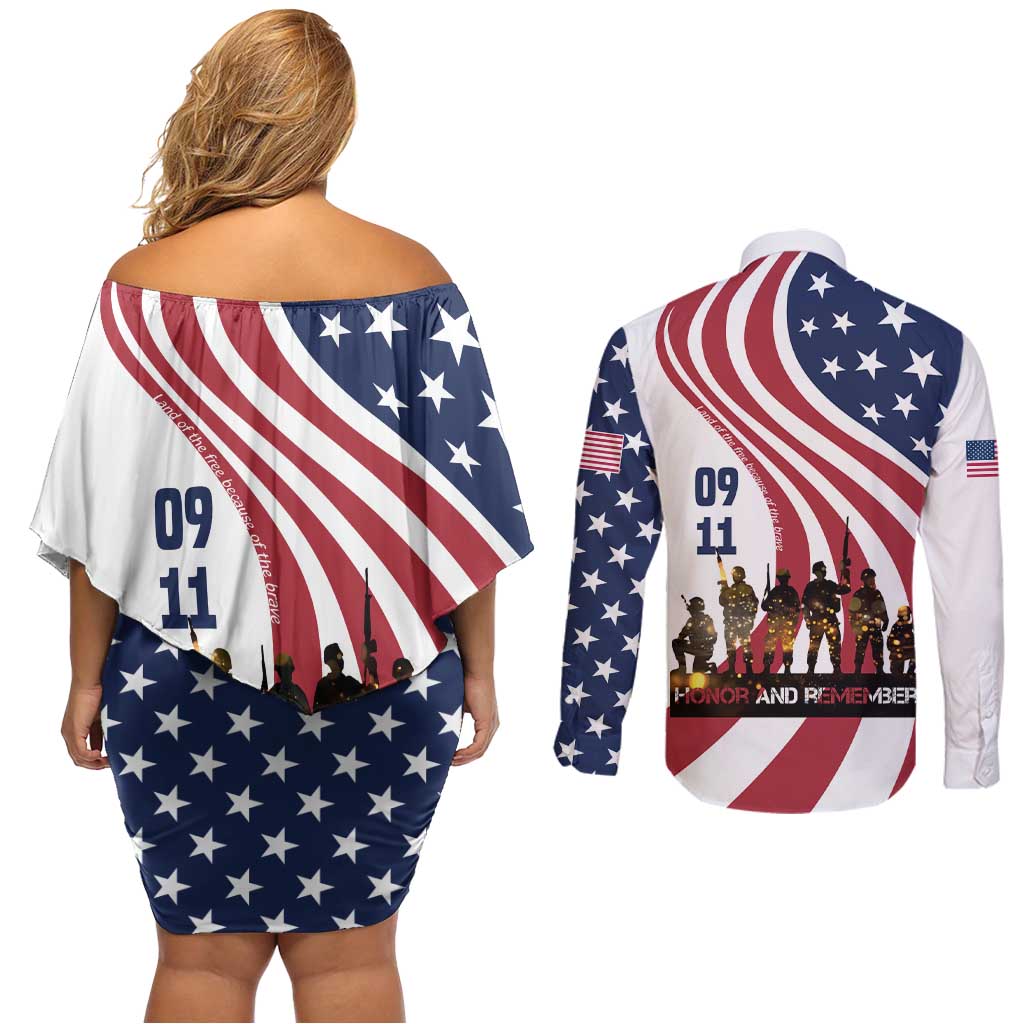 911 Memorial Couples Matching Off Shoulder Short Dress and Long Sleeve Button Shirt Patriot Day American Flag and Soldier Silhouette Honor and Remember - Wonder Print Shop