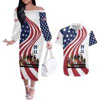 911 Memorial Couples Matching Off The Shoulder Long Sleeve Dress and Hawaiian Shirt Patriot Day American Flag and Soldier Silhouette Honor and Remember - Wonder Print Shop
