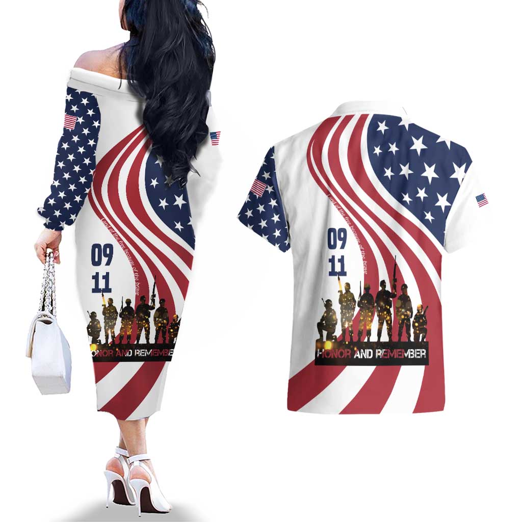 911 Memorial Couples Matching Off The Shoulder Long Sleeve Dress and Hawaiian Shirt Patriot Day American Flag and Soldier Silhouette Honor and Remember - Wonder Print Shop