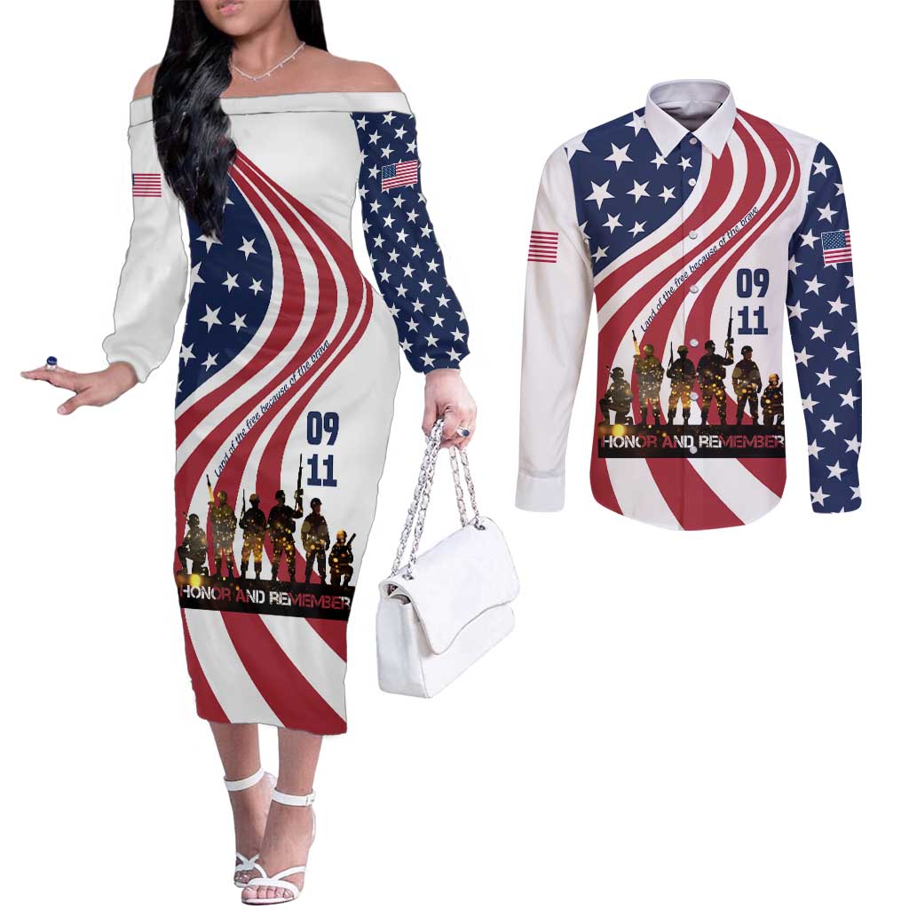 911 Memorial Couples Matching Off The Shoulder Long Sleeve Dress and Long Sleeve Button Shirt Patriot Day American Flag and Soldier Silhouette Honor and Remember - Wonder Print Shop