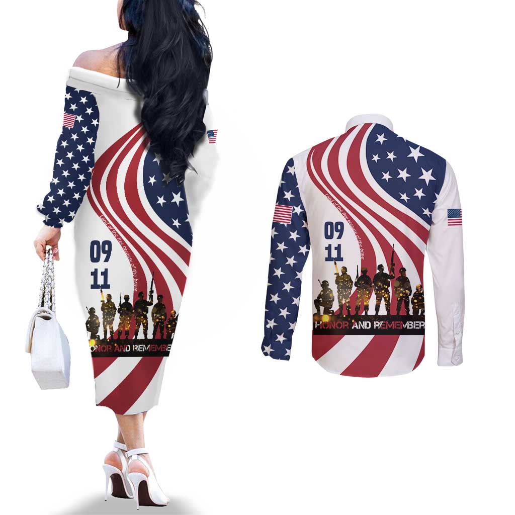 911 Memorial Couples Matching Off The Shoulder Long Sleeve Dress and Long Sleeve Button Shirt Patriot Day American Flag and Soldier Silhouette Honor and Remember - Wonder Print Shop