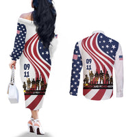 911 Memorial Couples Matching Off The Shoulder Long Sleeve Dress and Long Sleeve Button Shirt Patriot Day American Flag and Soldier Silhouette Honor and Remember - Wonder Print Shop