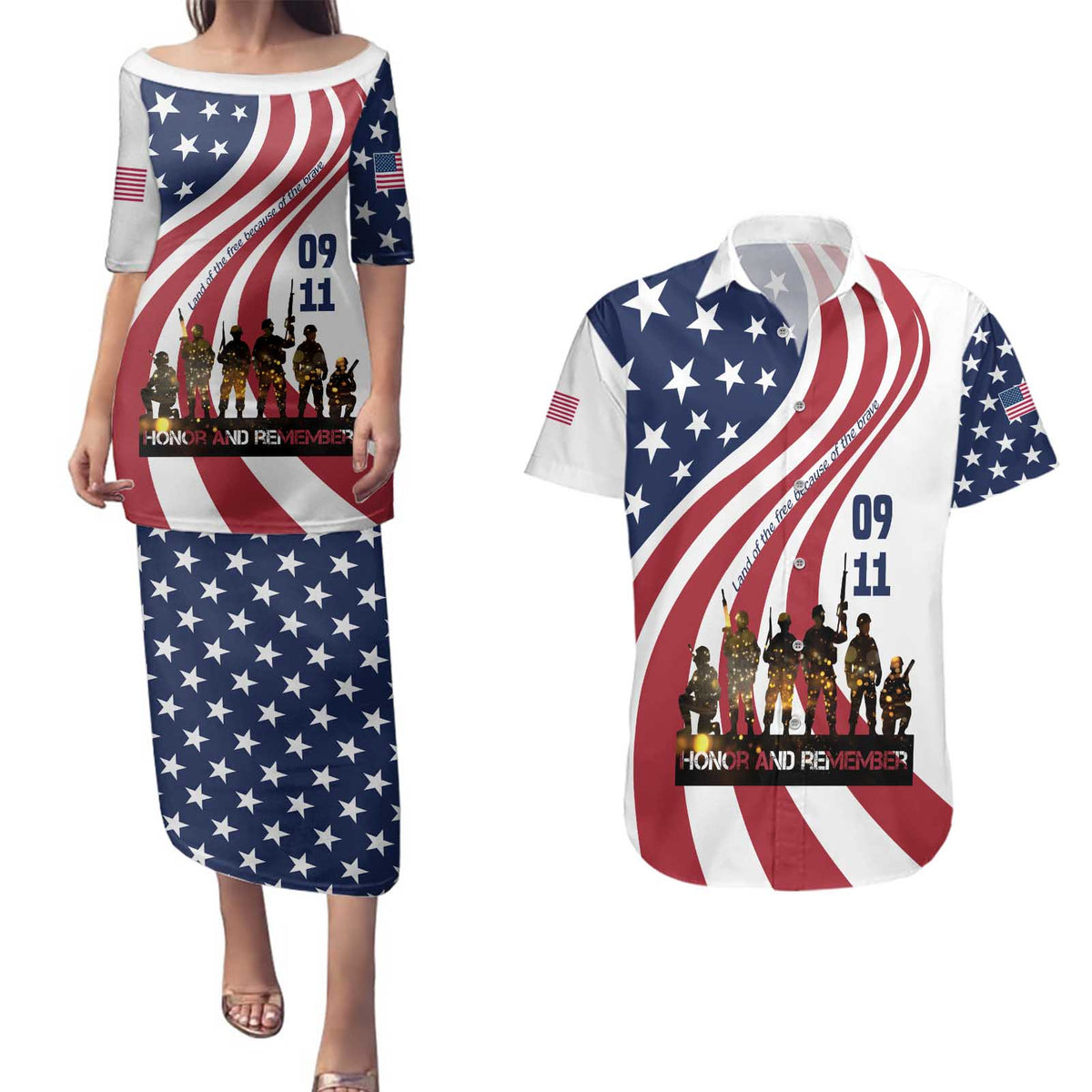911 Memorial Couples Matching Puletasi and Hawaiian Shirt Patriot Day American Flag and Soldier Silhouette Honor and Remember - Wonder Print Shop