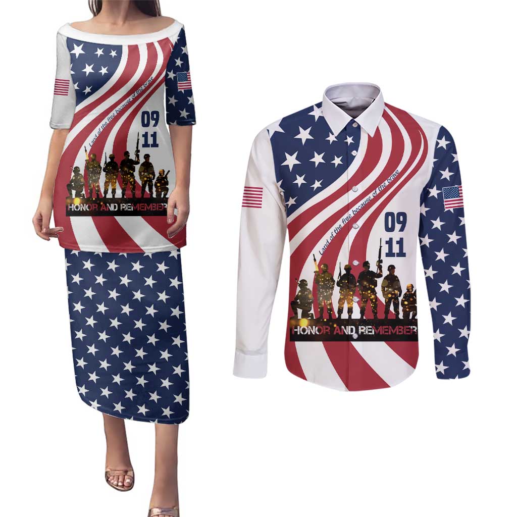 911 Memorial Couples Matching Puletasi and Long Sleeve Button Shirt Patriot Day American Flag and Soldier Silhouette Honor and Remember - Wonder Print Shop