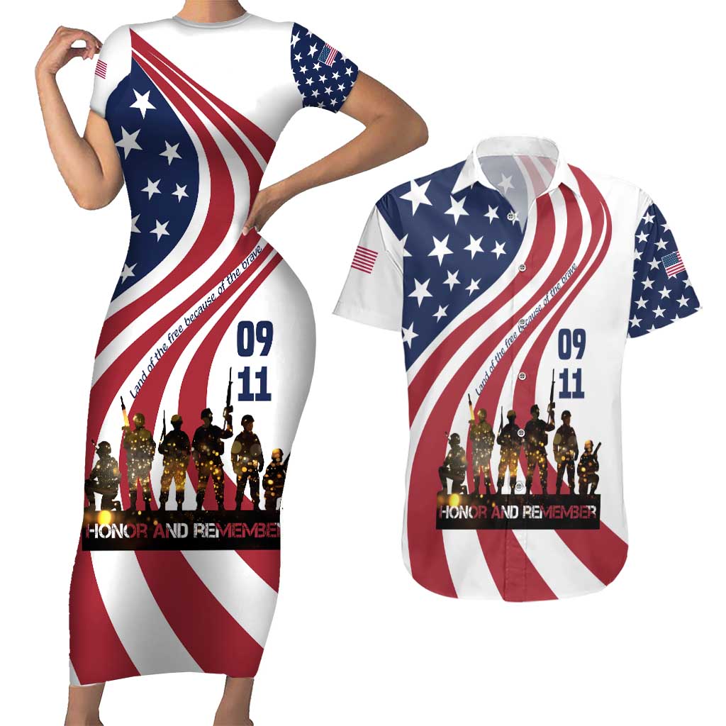 911 Memorial Couples Matching Short Sleeve Bodycon Dress and Hawaiian Shirt Patriot Day American Flag and Soldier Silhouette Honor and Remember - Wonder Print Shop