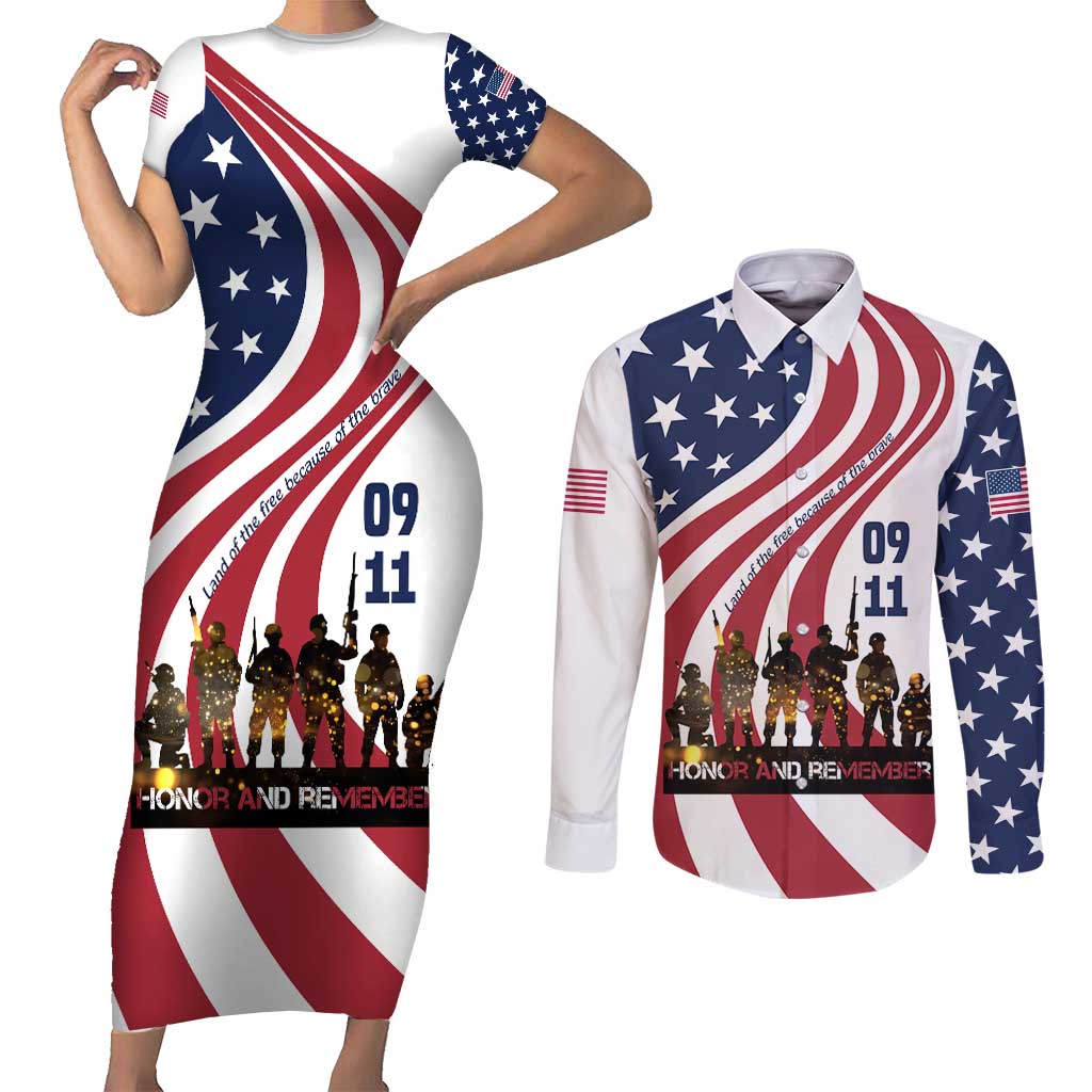 911 Memorial Couples Matching Short Sleeve Bodycon Dress and Long Sleeve Button Shirt Patriot Day American Flag and Soldier Silhouette Honor and Remember - Wonder Print Shop