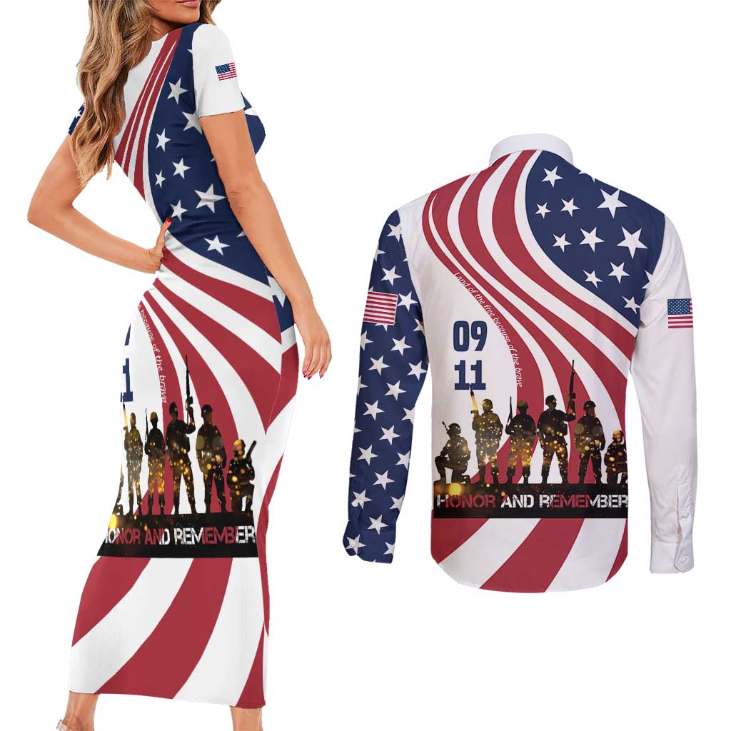 911 Memorial Couples Matching Short Sleeve Bodycon Dress and Long Sleeve Button Shirt Patriot Day American Flag and Soldier Silhouette Honor and Remember - Wonder Print Shop