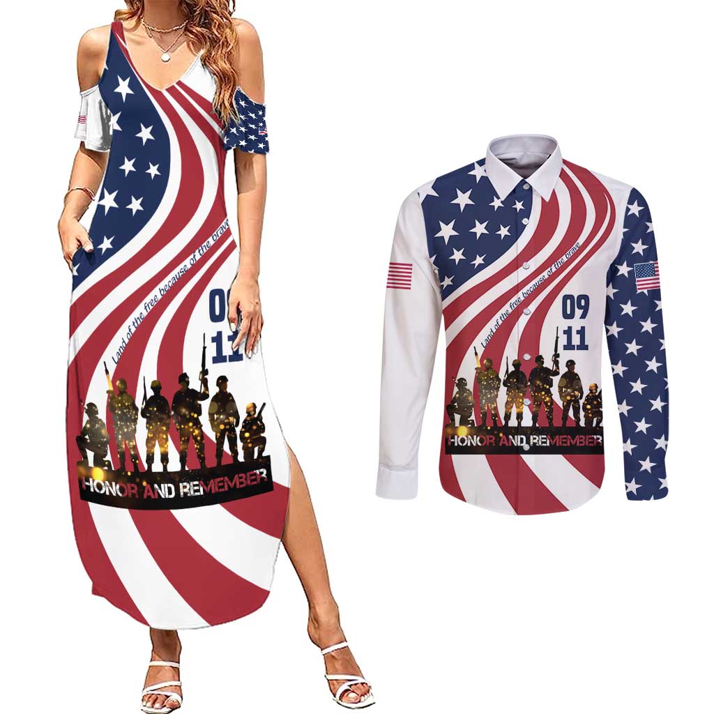 911 Memorial Couples Matching Summer Maxi Dress and Long Sleeve Button Shirt Patriot Day American Flag and Soldier Silhouette Honor and Remember - Wonder Print Shop