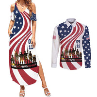 911 Memorial Couples Matching Summer Maxi Dress and Long Sleeve Button Shirt Patriot Day American Flag and Soldier Silhouette Honor and Remember - Wonder Print Shop