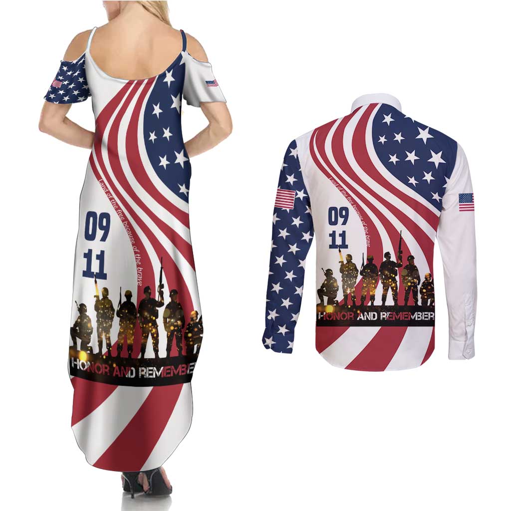 911 Memorial Couples Matching Summer Maxi Dress and Long Sleeve Button Shirt Patriot Day American Flag and Soldier Silhouette Honor and Remember - Wonder Print Shop