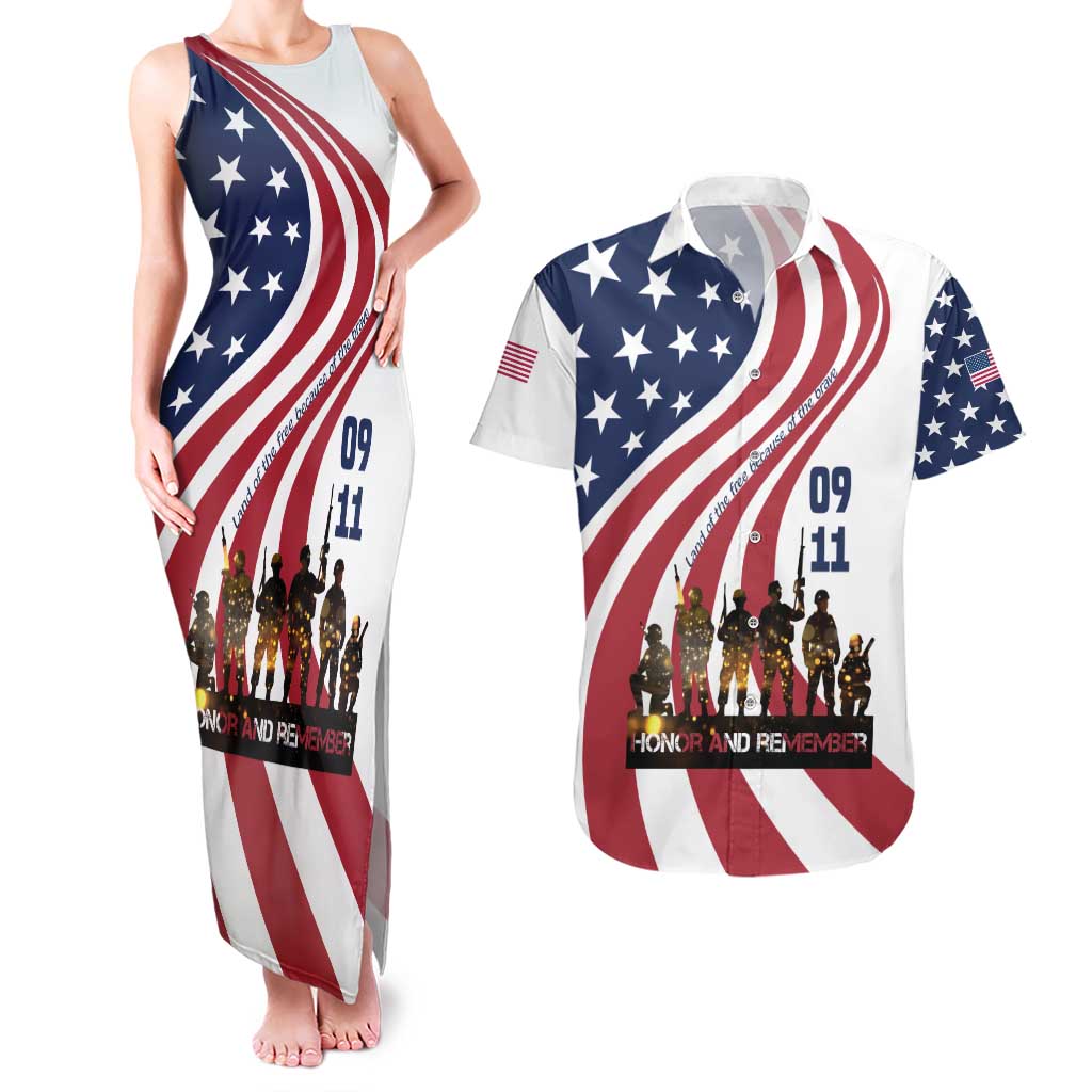 911 Memorial Couples Matching Tank Maxi Dress and Hawaiian Shirt Patriot Day American Flag and Soldier Silhouette Honor and Remember - Wonder Print Shop