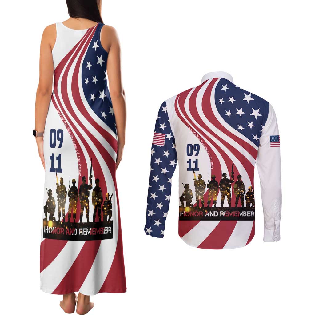 911 Memorial Couples Matching Tank Maxi Dress and Long Sleeve Button Shirt Patriot Day American Flag and Soldier Silhouette Honor and Remember - Wonder Print Shop