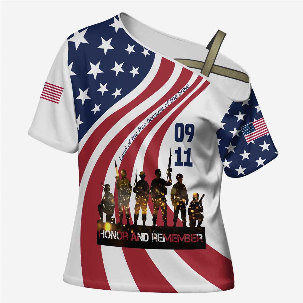 911 Memorial Cross Shoulder Shirt Patriot Day American Flag and Soldier Silhouette Honor and Remember - Wonder Print Shop
