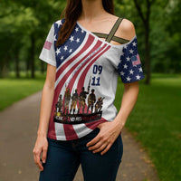 911 Memorial Cross Shoulder Shirt Patriot Day American Flag and Soldier Silhouette Honor and Remember - Wonder Print Shop
