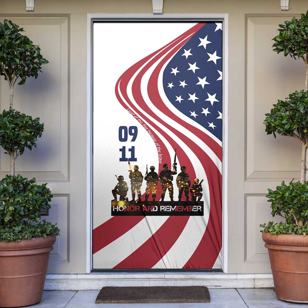 911 Memorial Door Cover Patriot Day American Flag and Soldier Silhouette Honor and Remember - Wonder Print Shop