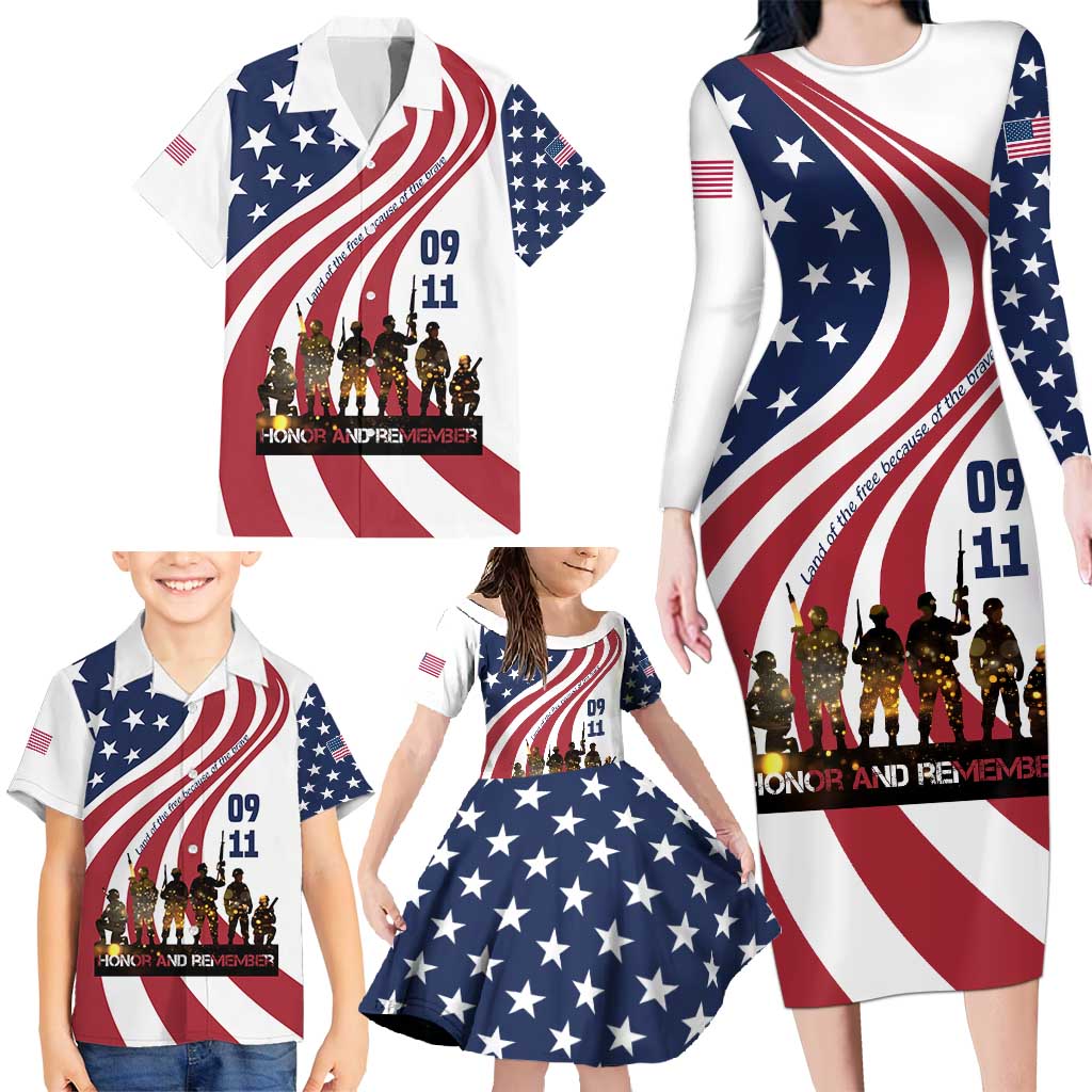 911 Memorial Family Matching Long Sleeve Bodycon Dress and Hawaiian Shirt Patriot Day American Flag and Soldier Silhouette Honor and Remember - Wonder Print Shop