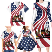 911 Memorial Family Matching Long Sleeve Bodycon Dress and Hawaiian Shirt Patriot Day American Flag and Soldier Silhouette Honor and Remember - Wonder Print Shop
