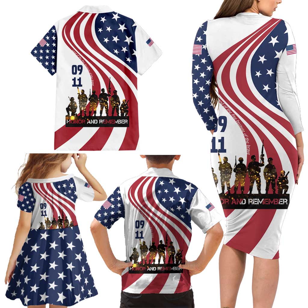 911 Memorial Family Matching Long Sleeve Bodycon Dress and Hawaiian Shirt Patriot Day American Flag and Soldier Silhouette Honor and Remember - Wonder Print Shop