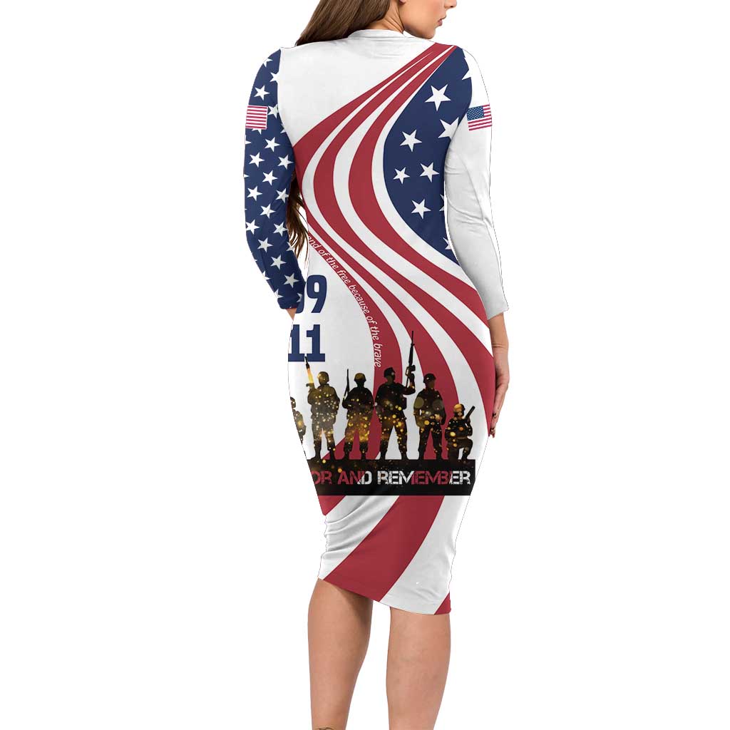 911 Memorial Family Matching Long Sleeve Bodycon Dress and Hawaiian Shirt Patriot Day American Flag and Soldier Silhouette Honor and Remember - Wonder Print Shop