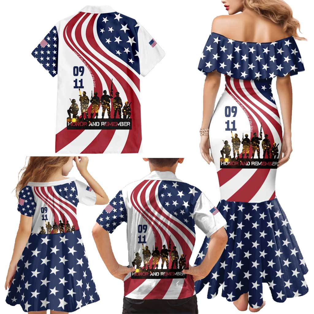911 Memorial Family Matching Mermaid Dress and Hawaiian Shirt Patriot Day American Flag and Soldier Silhouette Honor and Remember - Wonder Print Shop