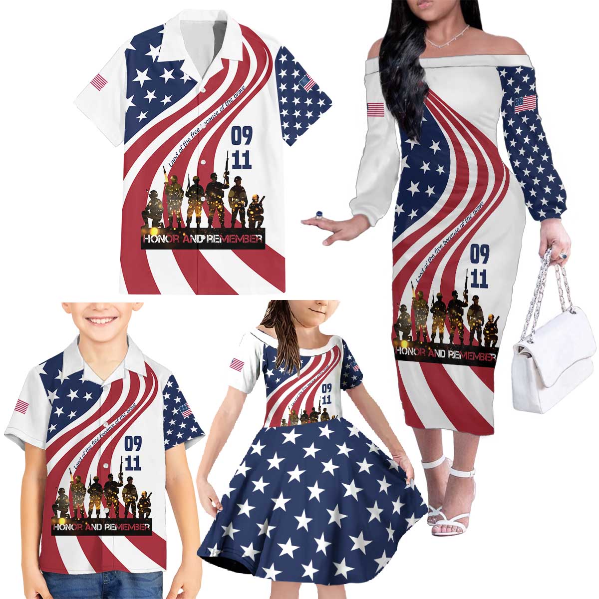 911 Memorial Family Matching Off The Shoulder Long Sleeve Dress and Hawaiian Shirt Patriot Day American Flag and Soldier Silhouette Honor and Remember - Wonder Print Shop
