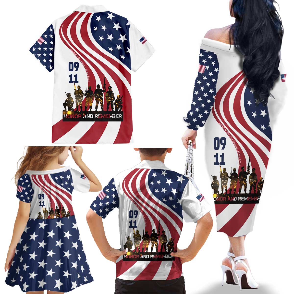 911 Memorial Family Matching Off The Shoulder Long Sleeve Dress and Hawaiian Shirt Patriot Day American Flag and Soldier Silhouette Honor and Remember - Wonder Print Shop