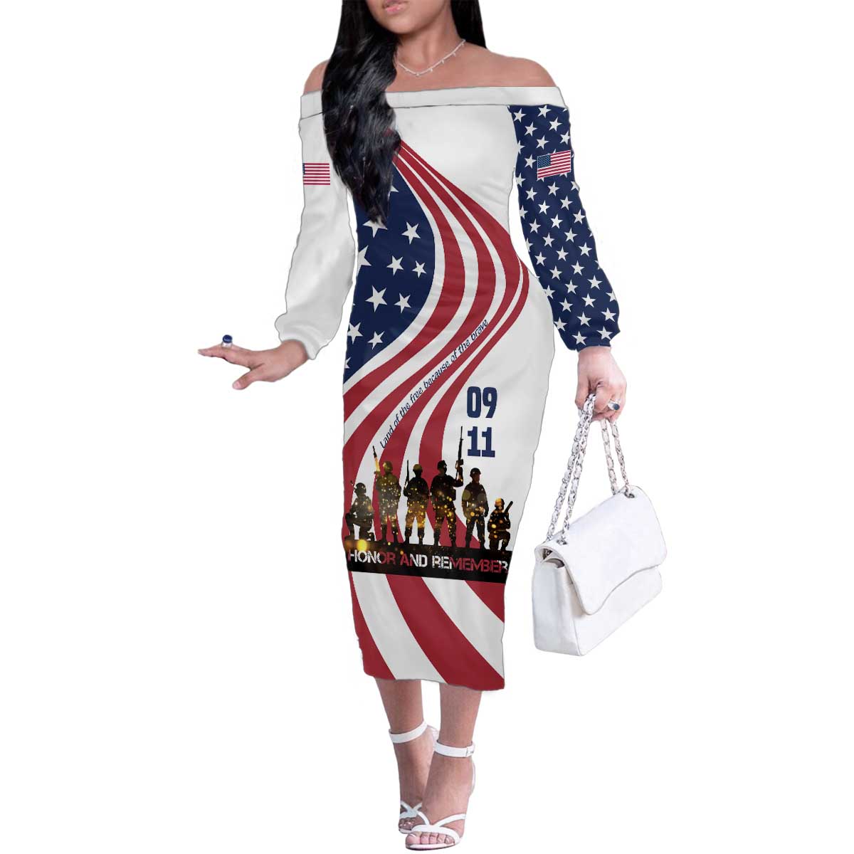 911 Memorial Family Matching Off The Shoulder Long Sleeve Dress and Hawaiian Shirt Patriot Day American Flag and Soldier Silhouette Honor and Remember - Wonder Print Shop