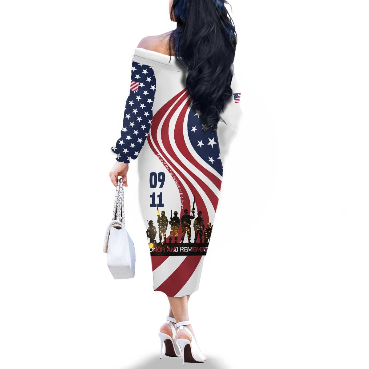 911 Memorial Family Matching Off The Shoulder Long Sleeve Dress and Hawaiian Shirt Patriot Day American Flag and Soldier Silhouette Honor and Remember - Wonder Print Shop