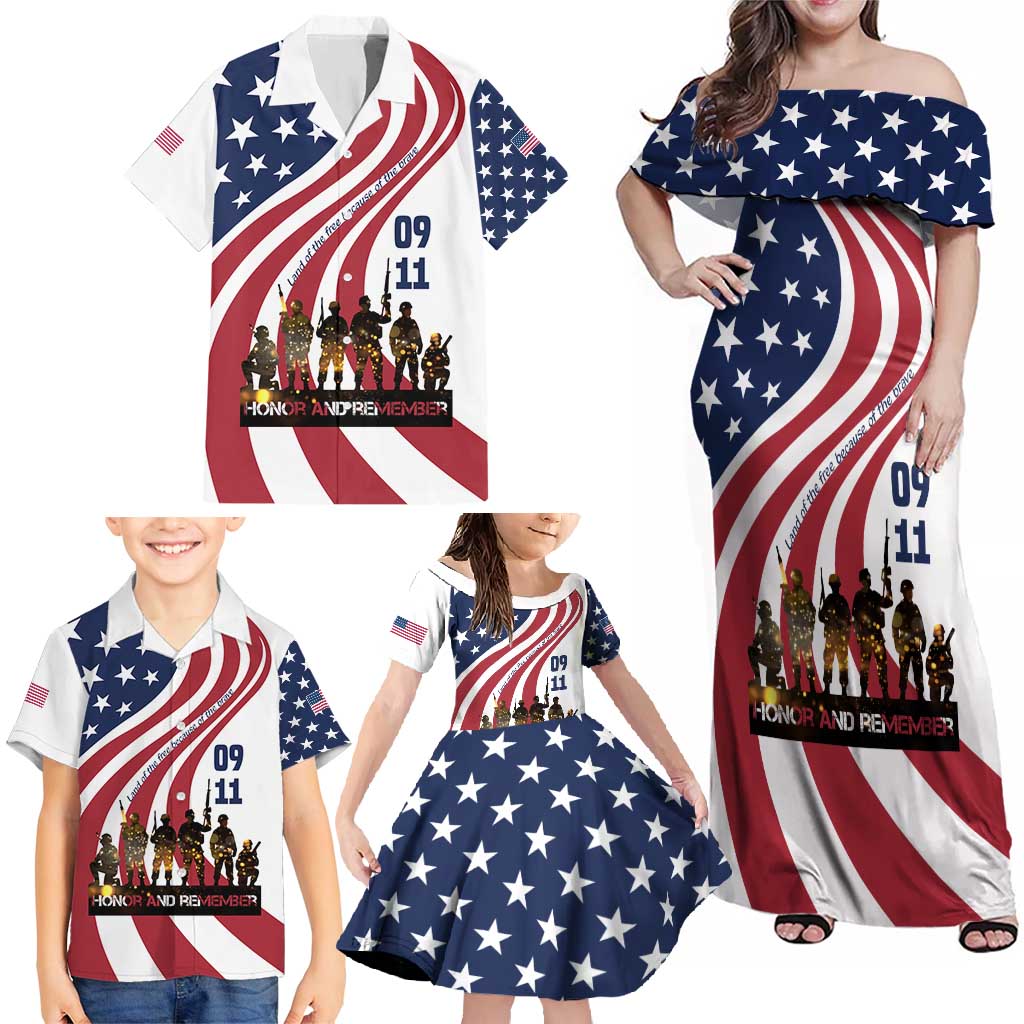 911 Memorial Family Matching Off Shoulder Maxi Dress and Hawaiian Shirt Patriot Day American Flag and Soldier Silhouette Honor and Remember - Wonder Print Shop