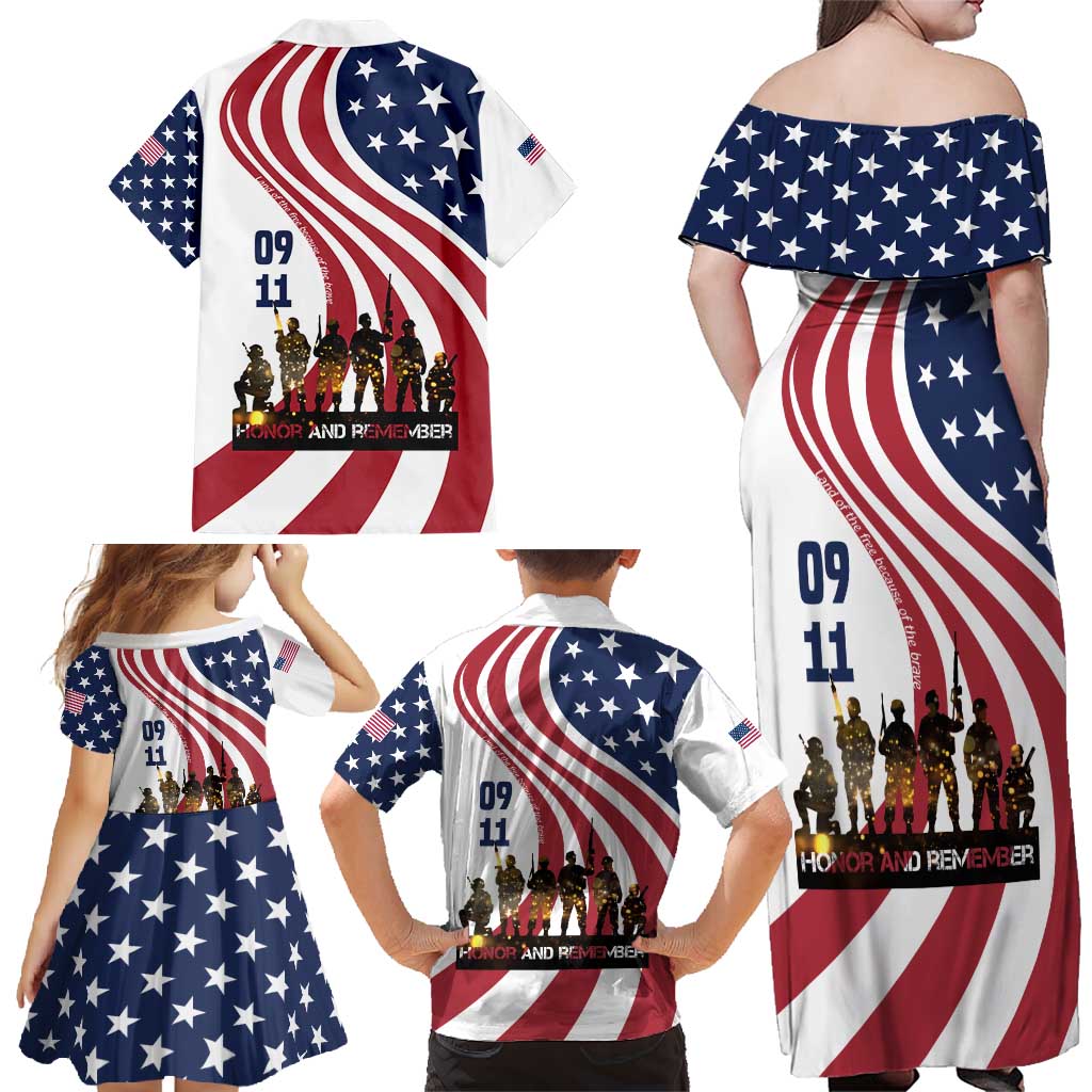 911 Memorial Family Matching Off Shoulder Maxi Dress and Hawaiian Shirt Patriot Day American Flag and Soldier Silhouette Honor and Remember - Wonder Print Shop