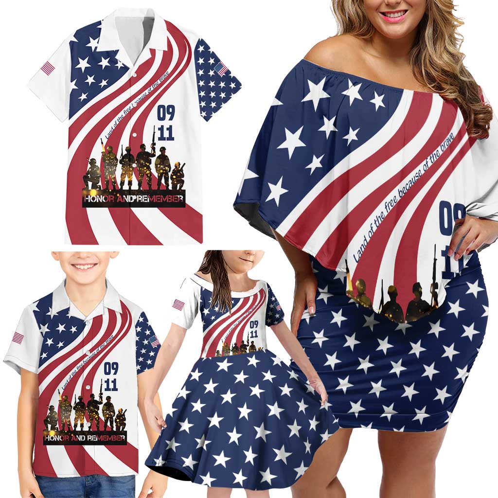 911 Memorial Family Matching Off Shoulder Short Dress and Hawaiian Shirt Patriot Day American Flag and Soldier Silhouette Honor and Remember - Wonder Print Shop