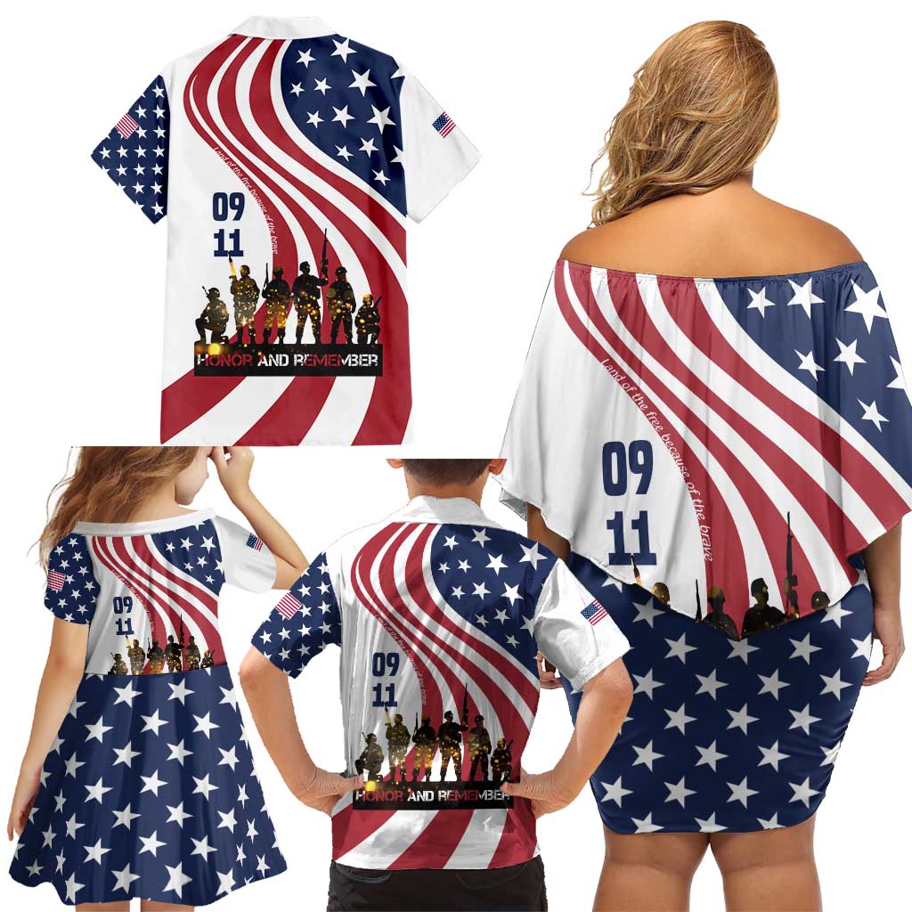 911 Memorial Family Matching Off Shoulder Short Dress and Hawaiian Shirt Patriot Day American Flag and Soldier Silhouette Honor and Remember - Wonder Print Shop