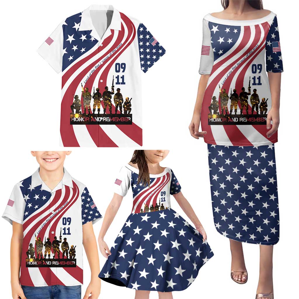 911 Memorial Family Matching Puletasi and Hawaiian Shirt Patriot Day American Flag and Soldier Silhouette Honor and Remember - Wonder Print Shop