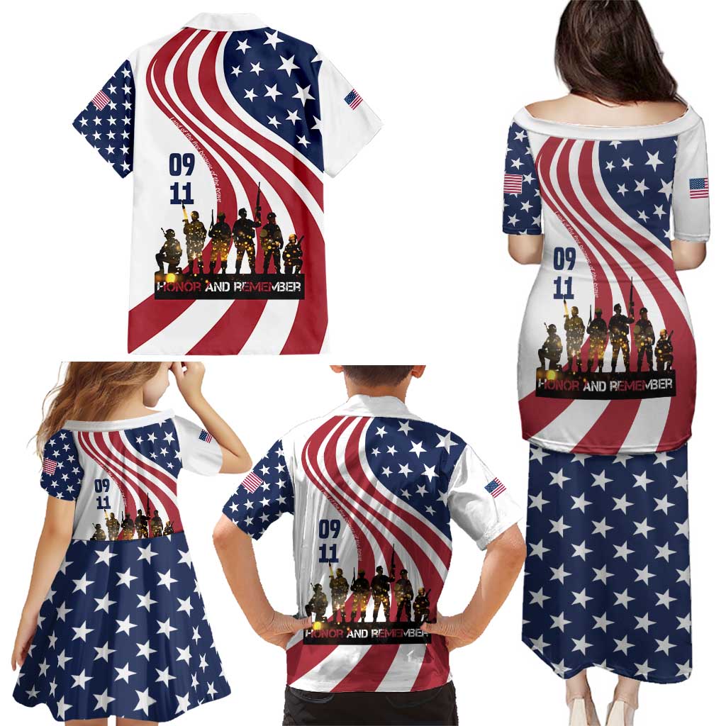 911 Memorial Family Matching Puletasi and Hawaiian Shirt Patriot Day American Flag and Soldier Silhouette Honor and Remember - Wonder Print Shop