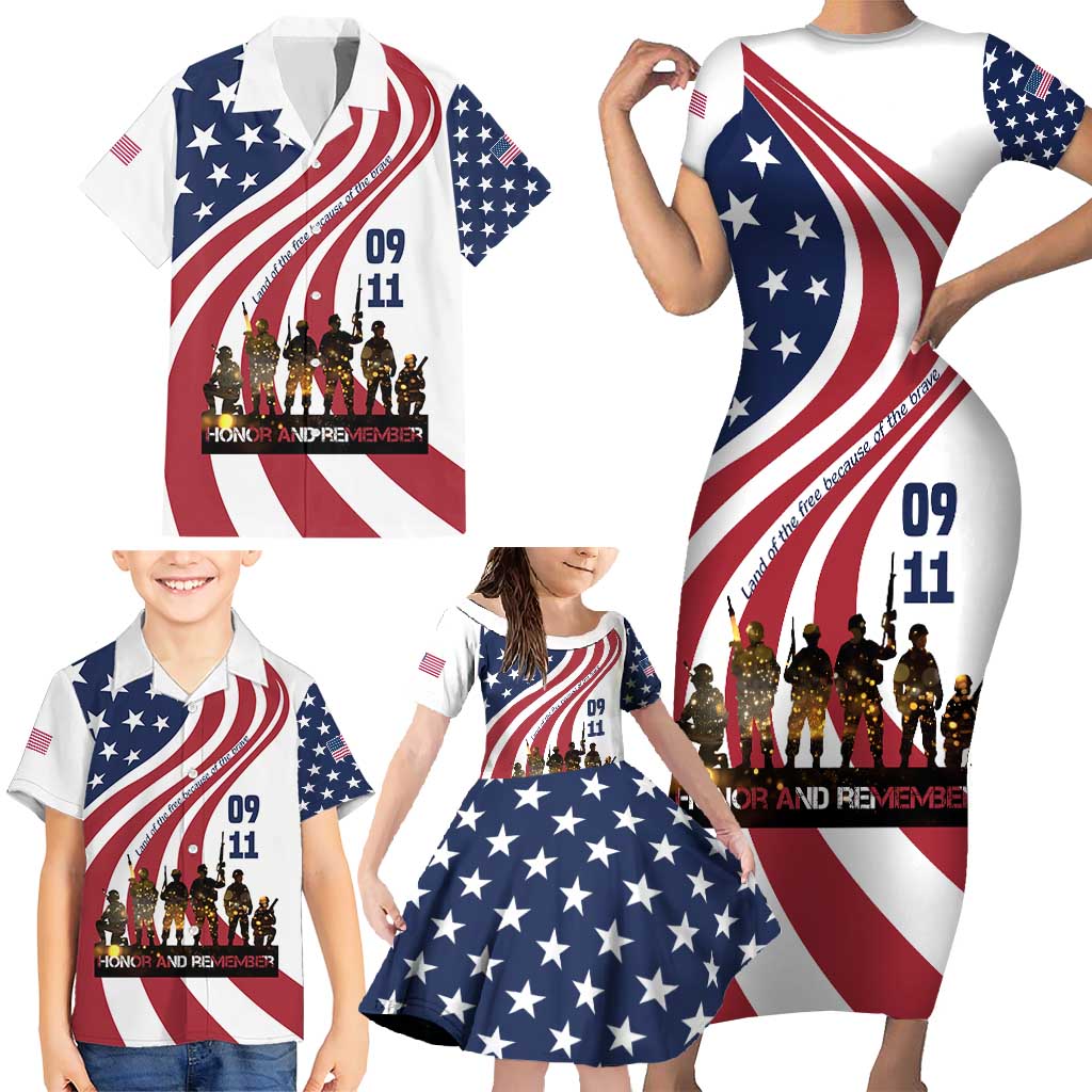 911 Memorial Family Matching Short Sleeve Bodycon Dress and Hawaiian Shirt Patriot Day American Flag and Soldier Silhouette Honor and Remember - Wonder Print Shop