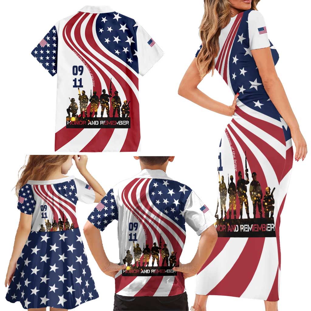 911 Memorial Family Matching Short Sleeve Bodycon Dress and Hawaiian Shirt Patriot Day American Flag and Soldier Silhouette Honor and Remember - Wonder Print Shop