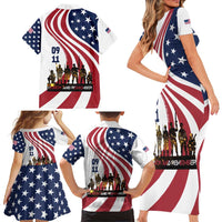 911 Memorial Family Matching Short Sleeve Bodycon Dress and Hawaiian Shirt Patriot Day American Flag and Soldier Silhouette Honor and Remember - Wonder Print Shop