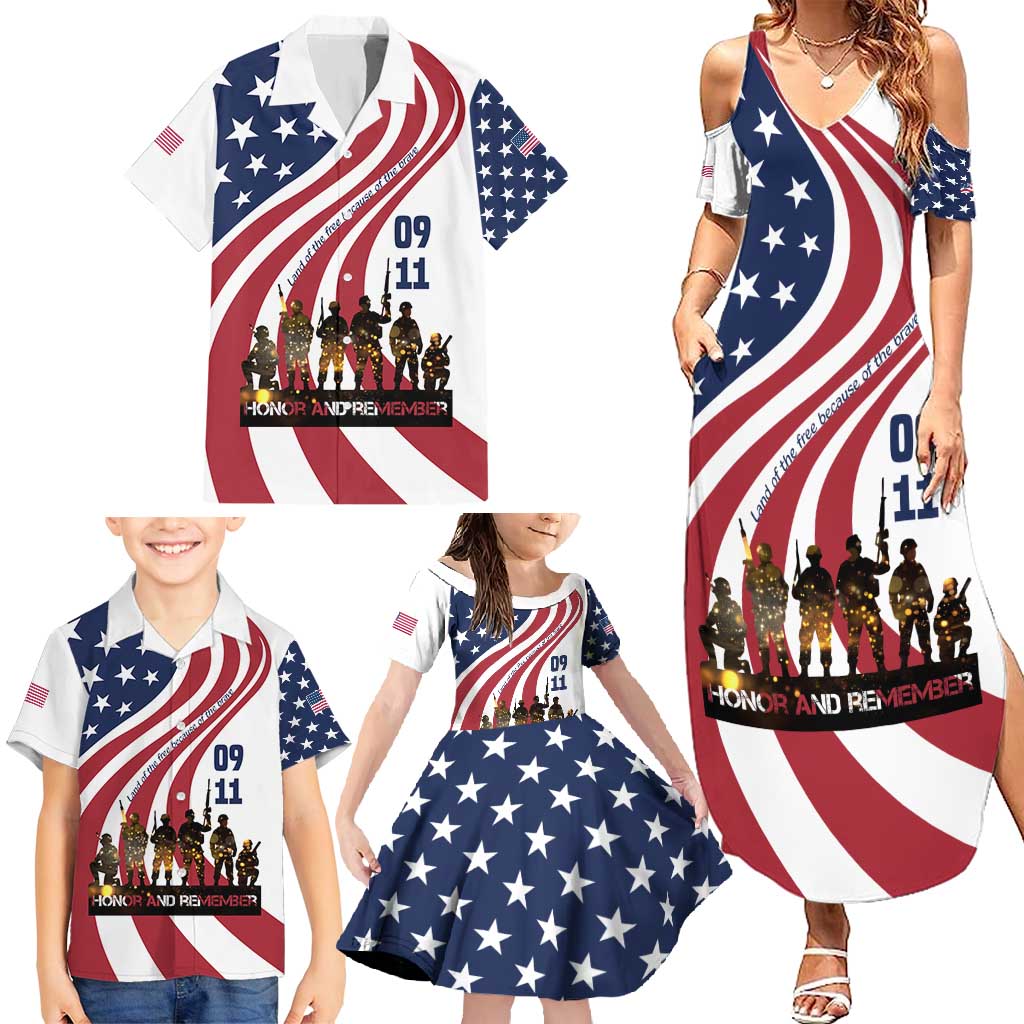 911 Memorial Family Matching Summer Maxi Dress and Hawaiian Shirt Patriot Day American Flag and Soldier Silhouette Honor and Remember - Wonder Print Shop