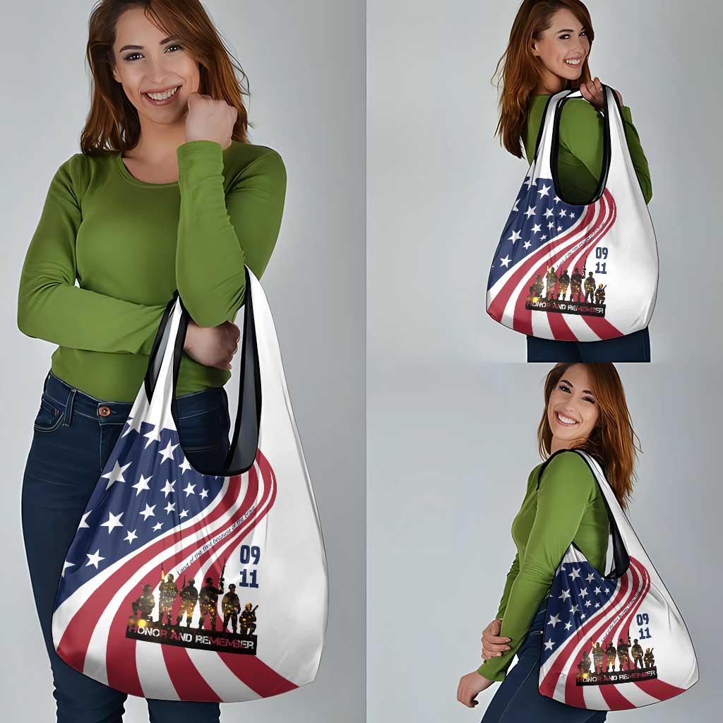 911 Memorial Grocery Bag Patriot Day American Flag and Soldier Silhouette Honor and Remember - Wonder Print Shop