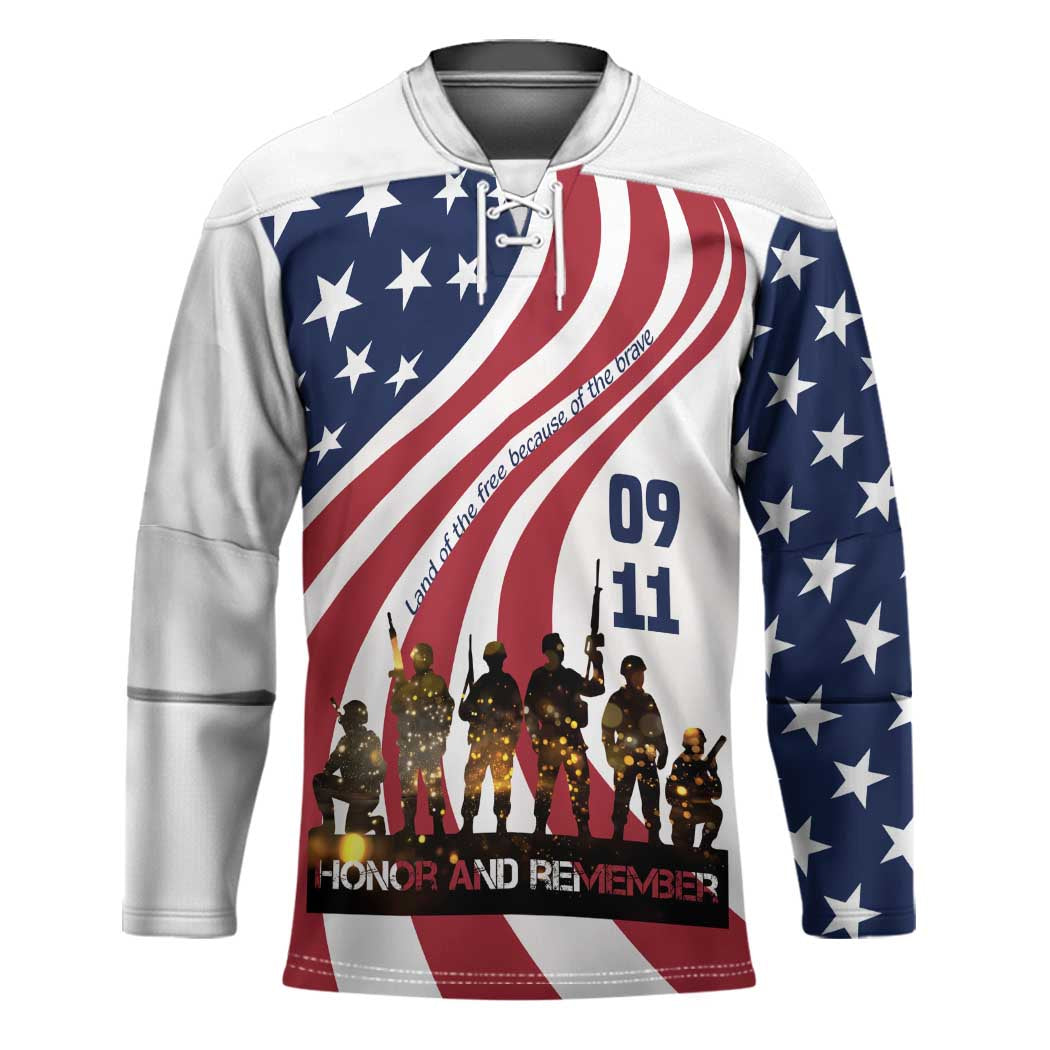 911 Memorial Hockey Jersey Patriot Day American Flag and Soldier Silhouette Honor and Remember - Wonder Print Shop