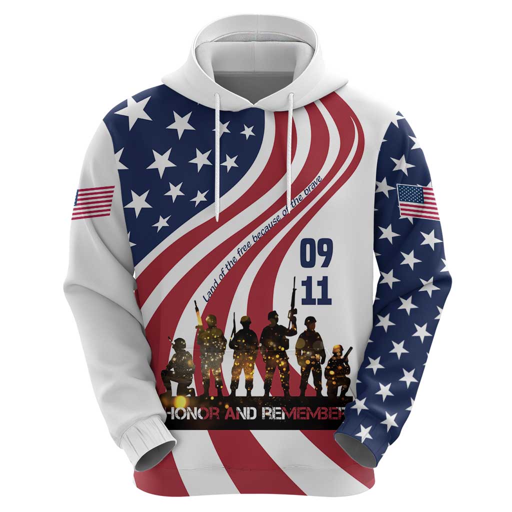 911 Memorial Hoodie Patriot Day American Flag and Soldier Silhouette Honor and Remember - Wonder Print Shop