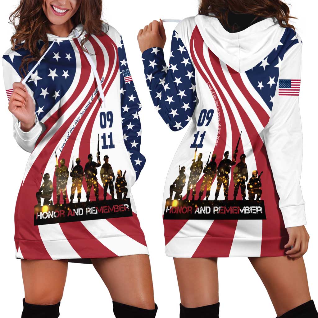 911 Memorial Hoodie Dress Patriot Day American Flag and Soldier Silhouette Honor and Remember - Wonder Print Shop