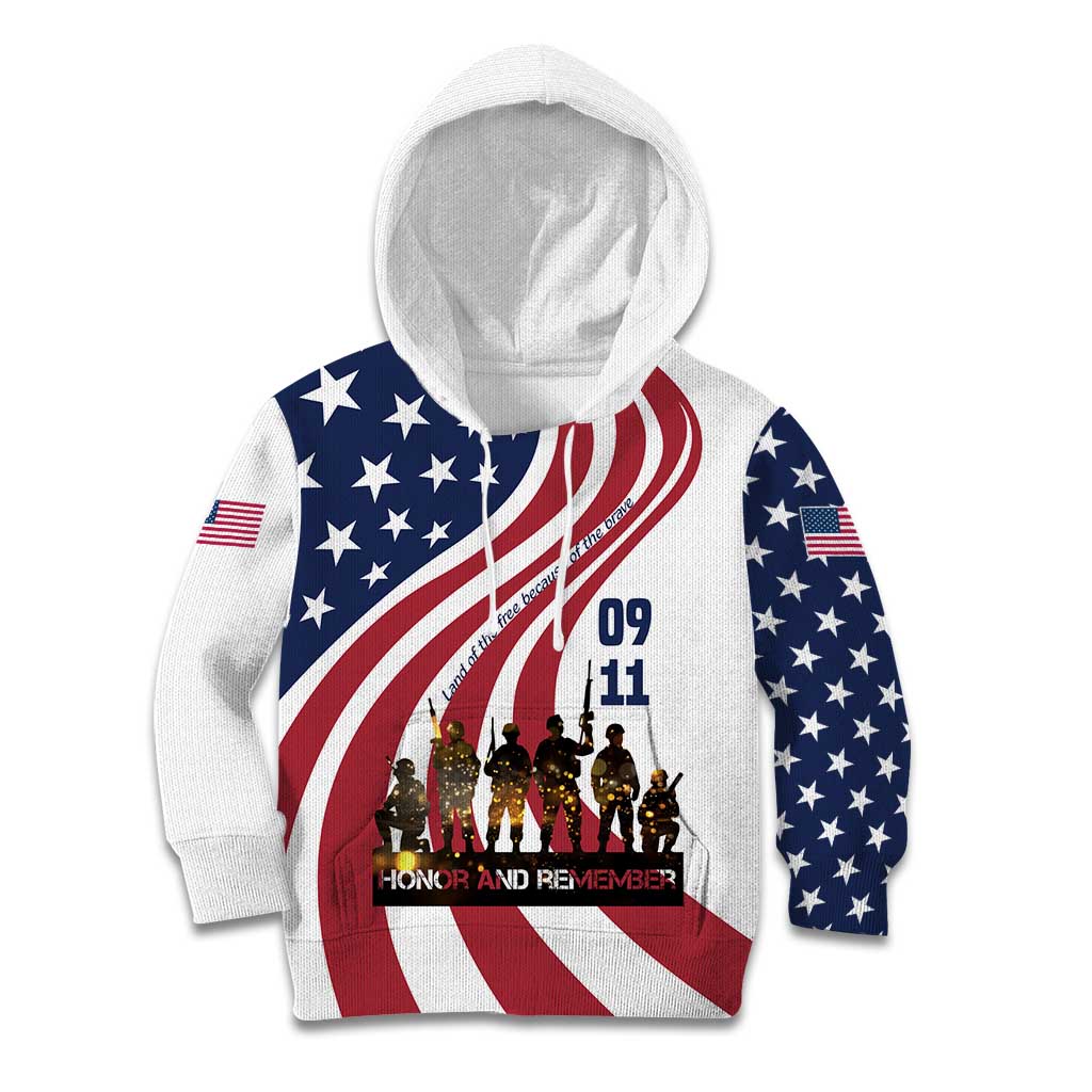 911 Memorial Kid Hoodie Patriot Day American Flag and Soldier Silhouette Honor and Remember - Wonder Print Shop