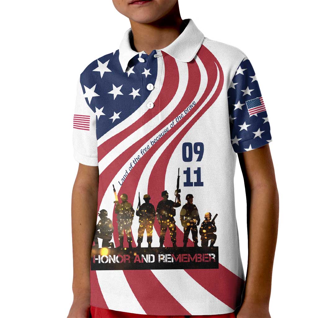 911 Memorial Kid Polo Shirt Patriot Day American Flag and Soldier Silhouette Honor and Remember - Wonder Print Shop