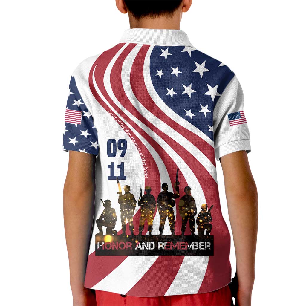 911 Memorial Kid Polo Shirt Patriot Day American Flag and Soldier Silhouette Honor and Remember - Wonder Print Shop