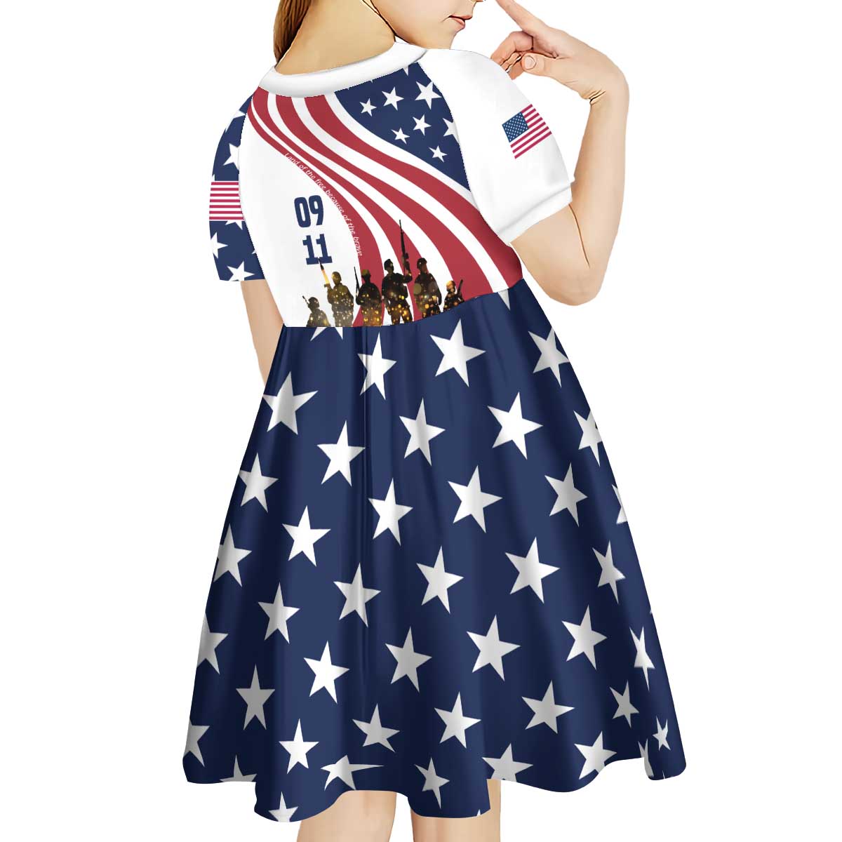 911 Memorial Kid Short Sleeve Dress Patriot Day American Flag and Soldier Silhouette Honor and Remember - Wonder Print Shop