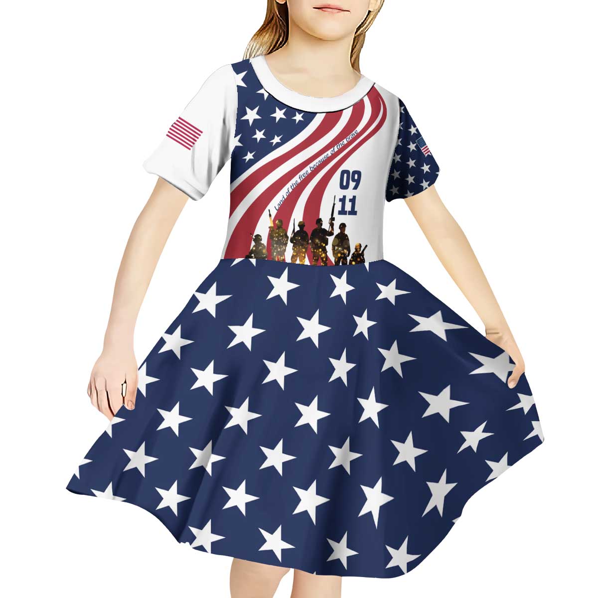911 Memorial Kid Short Sleeve Dress Patriot Day American Flag and Soldier Silhouette Honor and Remember - Wonder Print Shop