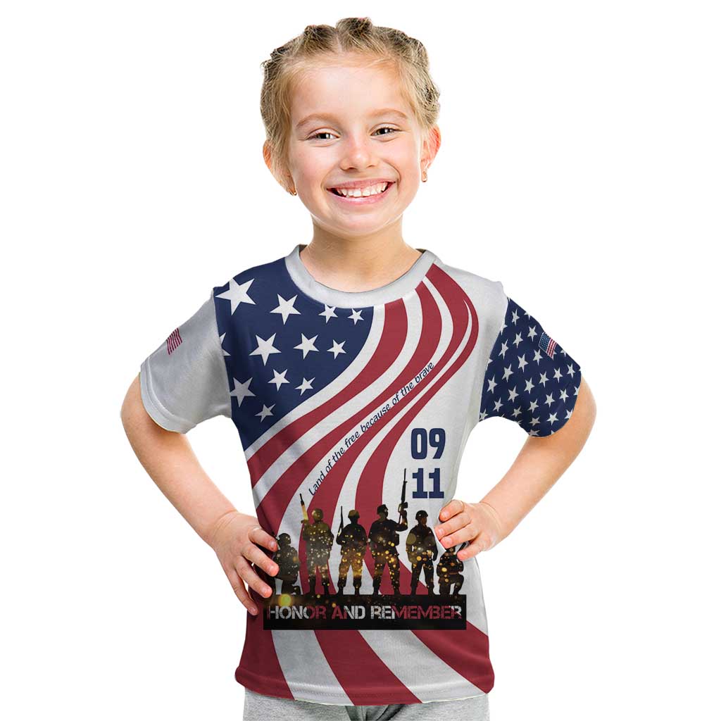 911 Memorial Kid T Shirt Patriot Day American Flag and Soldier Silhouette Honor and Remember - Wonder Print Shop