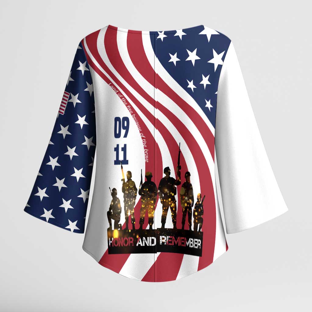 911 Memorial Kimono Sleeve Blouse Patriot Day American Flag and Soldier Silhouette Honor and Remember - Wonder Print Shop