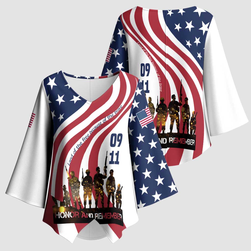 911 Memorial Kimono Sleeve Blouse Patriot Day American Flag and Soldier Silhouette Honor and Remember - Wonder Print Shop
